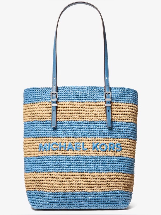 Michael Kors Handbags - Michael Kors Quinn Striped Straw Tote Bag Cream & Blue